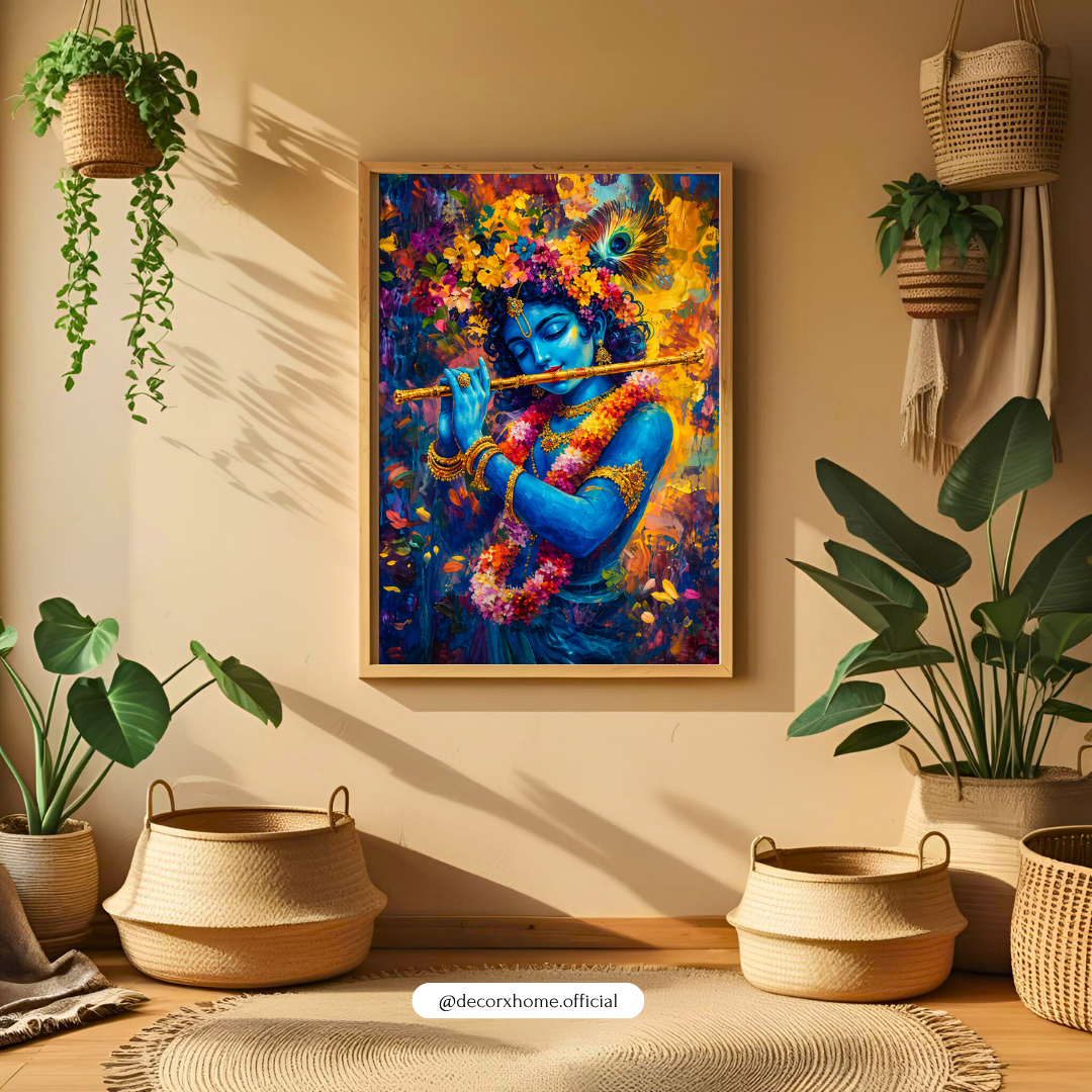 Krishna Wall Art Poster – Divine Flute Painting | Spiritual Canvas Print for Home Decor (Framed)