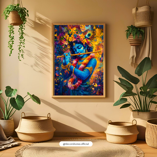 Krishna Wall Art Poster – Divine Flute Painting | Spiritual Canvas Print for Home Decor (Framed)