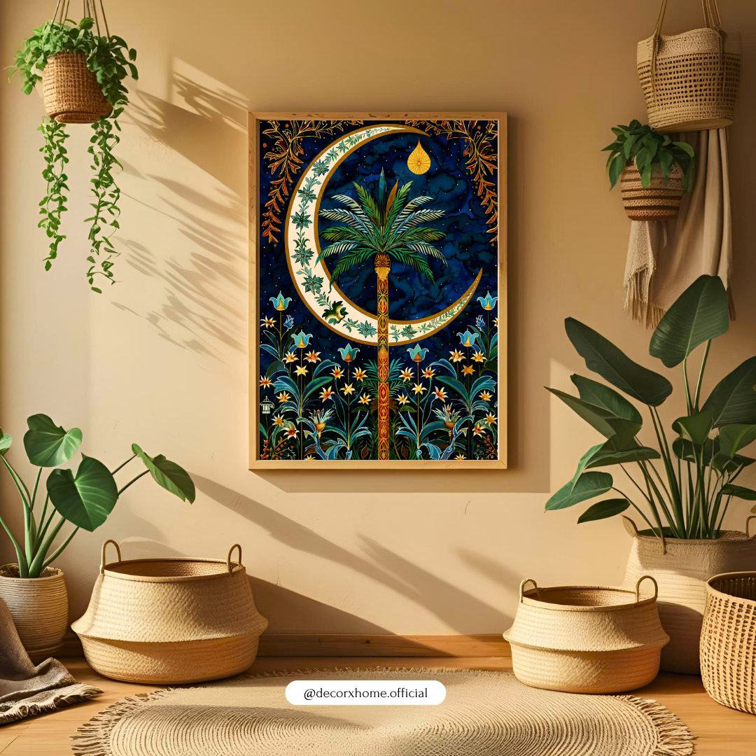 Decorexhome Moonlit Palm Oasis Wall Art Poster | Boho Tropical Crescent Moon Canvas Print | Celestial Botanical Home Decor
