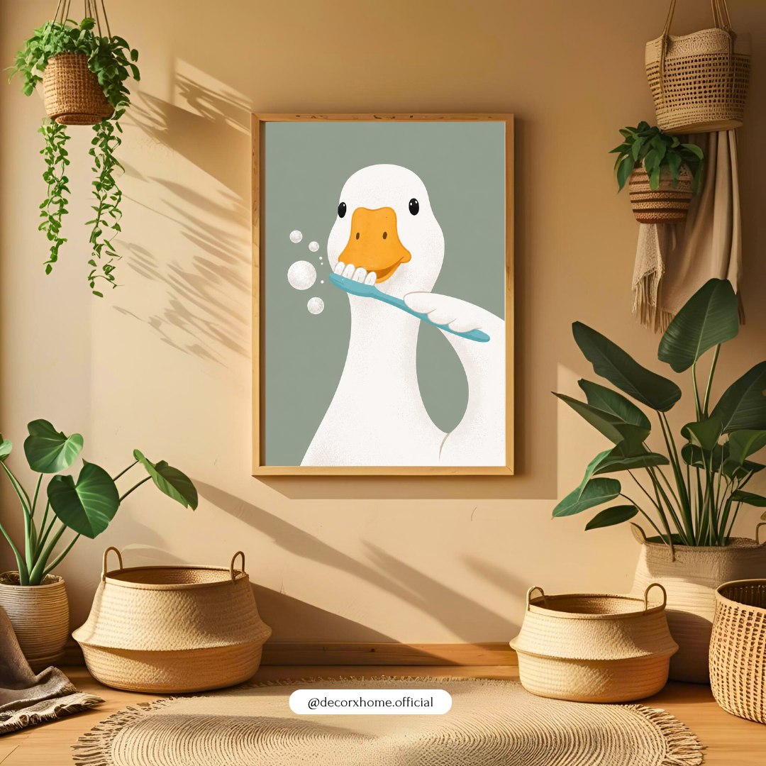 Brushing Duck Poster | Cute Bathroom Duck Wall Art for Modern & Kids Decor – Decorxhome