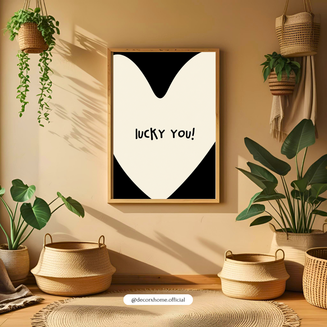 Lucky You Heart Wall Art Poster – Minimal Black & White Typography Print | Cute Romantic Quote Decor for Bedroom & Gift | Decorxhome