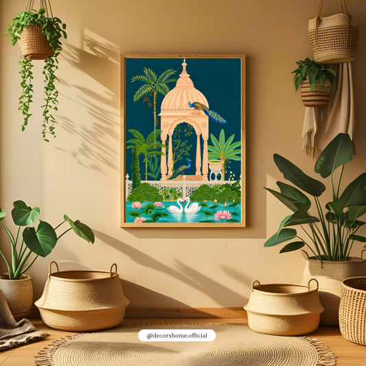 DecorexHome Royal Peacock Garden Poster | Luxury Indian Palace Wall Art | Swan & Lotus Nature Artwork | Elegant Heritage Decor Print