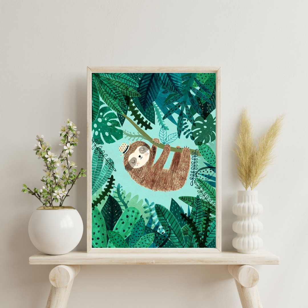 Sleepy Sloth in the Jungle Framed Poster | Whimsical Kids Wall Art by Decorxhome