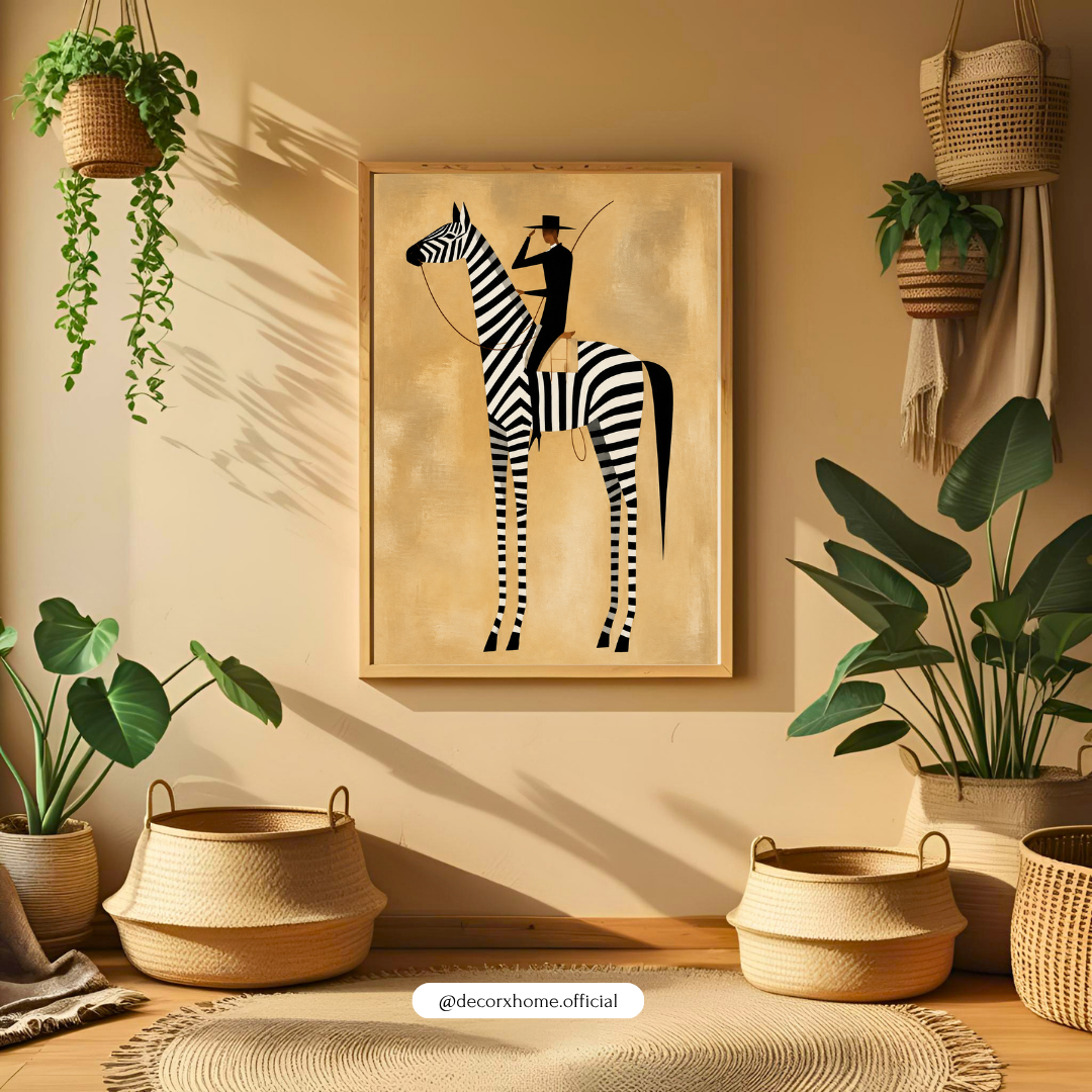 Decorexhome Zebra Rider Wall Art | Minimalist Zebra & Horse Rider Poster | Black & White Animal Artwork