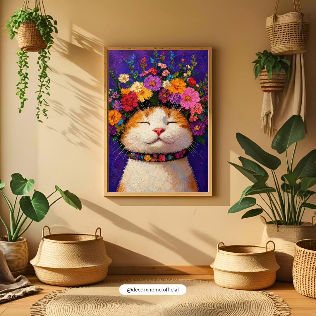 Decorexhome Floral Cat Bliss Wall Art Poster | Cute Whimsical Pet Canvas Print | Colorful Animal Home Decor