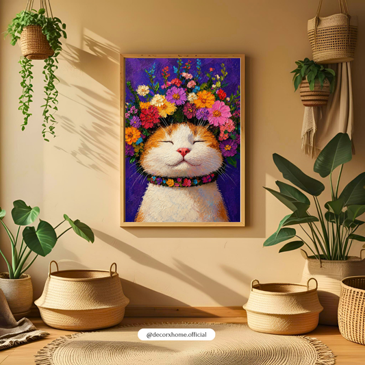 Decorexhome Floral Cat Bliss Wall Art Poster | Cute Whimsical Pet Canvas Print | Colorful Animal Home Decor