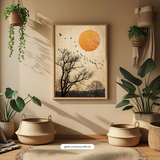 Sunset Tree Silhouette Wall Art Poster – Minimalist Nature Landscape with Birds | Decorxhome