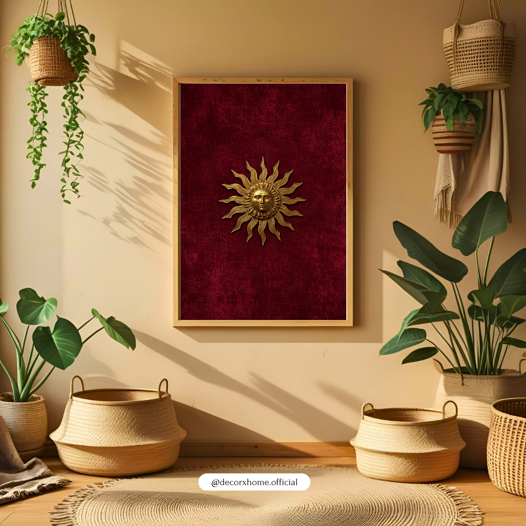 Minimalist Surya Emblem Poster | Golden Sun Symbol Wall Art on Crimson Red Background | Decorxhome