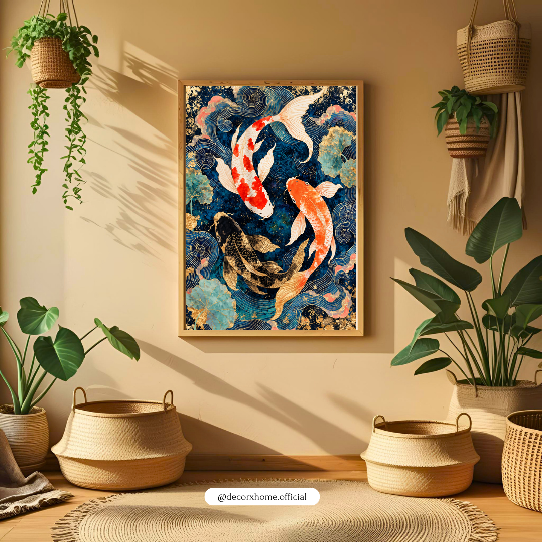 Japanese Koi Fish Wall Art | 3 Koi Fish Blue & Gold Aesthetic Poster | Luxury Modern Wall Decor | Decorxhome