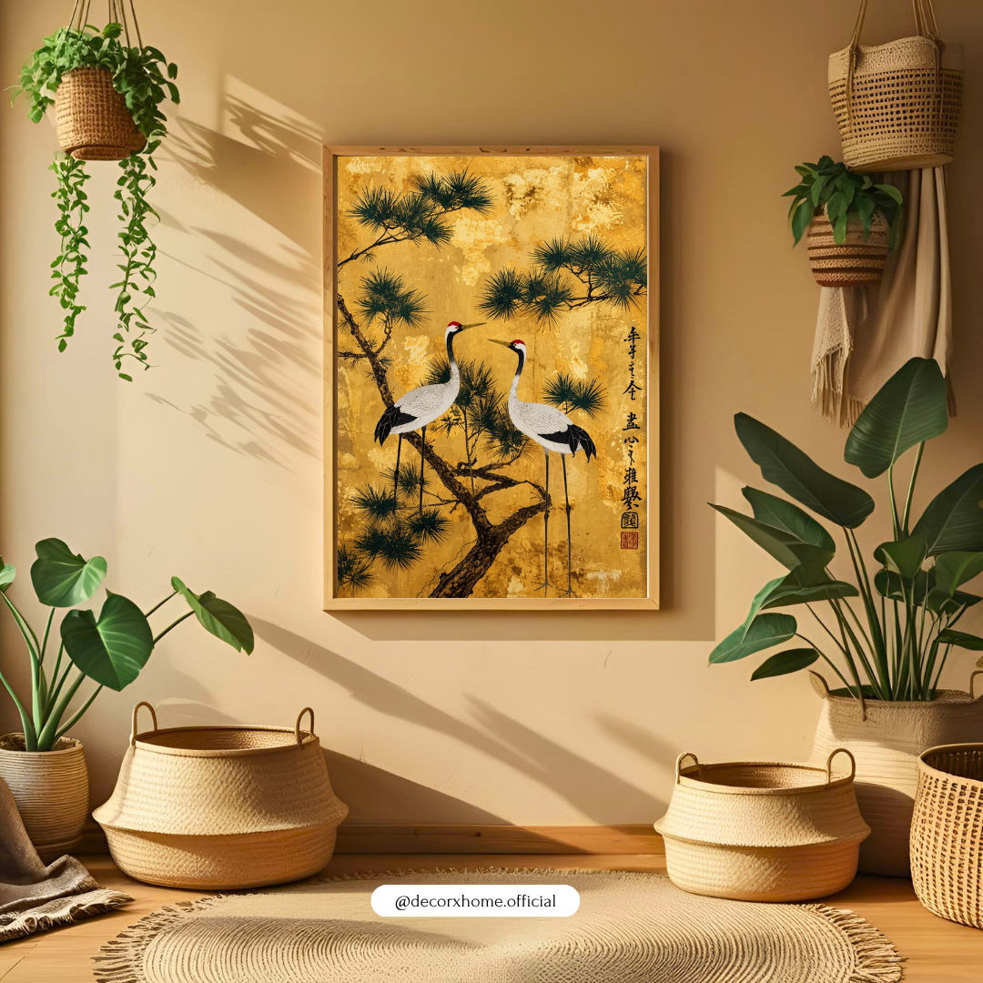 Japanese Cranes & Pine Tree Gold Wall Art – Elegant Japandi Nature Poster | Decorxhome