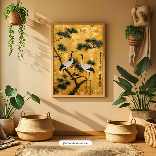 Japanese Cranes & Pine Tree Gold Wall Art – Elegant Japandi Nature Poster | Decorxhome