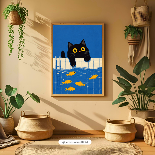 Black Cat Wall Art Poster | Cute Cat & Goldfish Illustration | Modern Animal Decor | Decorexhome