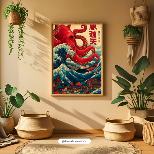 Crimson Octopus Wave – Japanese Ukiyo-E Inspired Wall Art Poster | DecorxHome
