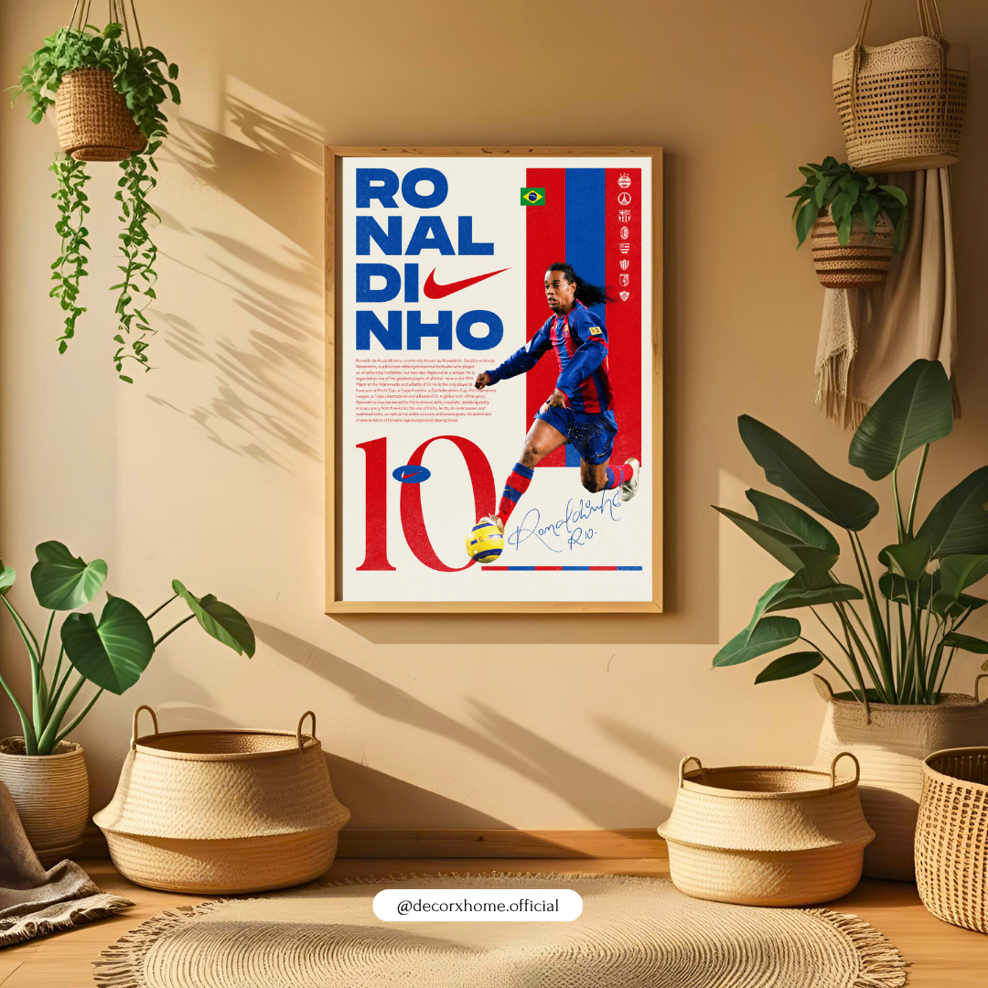 Ronaldinho Football Legend Poster with Frame – Retro Sports Wall Art for Bedroom & Gaming Room