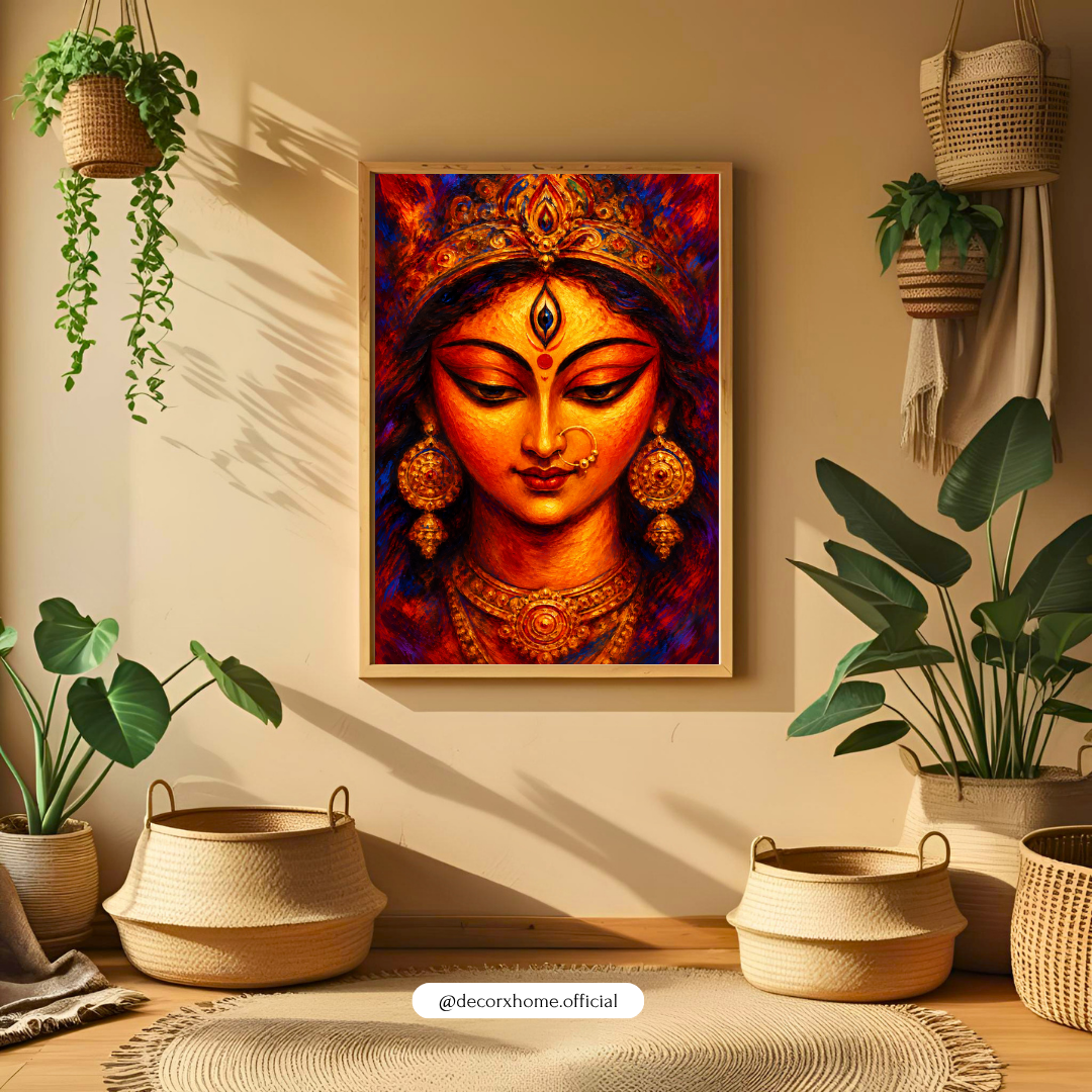 Goddess Durga Face Wall Art | Maa Durga Divine Portrait Poster & Framed Artwork