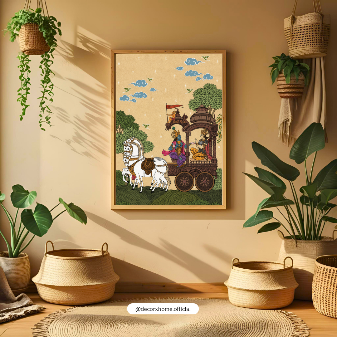 Krishna & Arjuna Chariot Wall Art Poster | Mahabharata Inspired Traditional Indian Decor