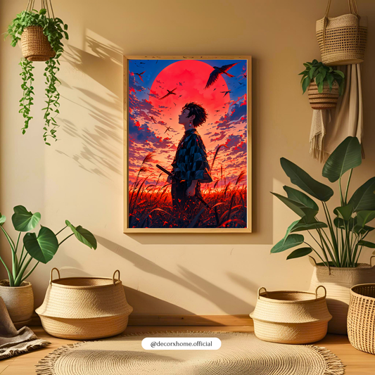 Crimson Moon Wanderer Poster – Anime-Inspired Sunset Wall Art