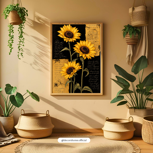 Vintage Sunflower Botanical Wall Art – Black & Gold Floral Aesthetic Poster | Decorxhome