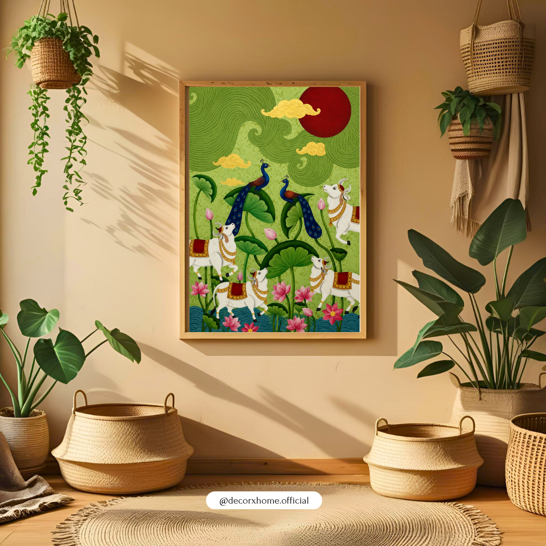 Traditional Peacock & Lotus Garden Wall Art Poster | Indian Folk Nature Artwork | Decorative Cultural Print | Decorexhome