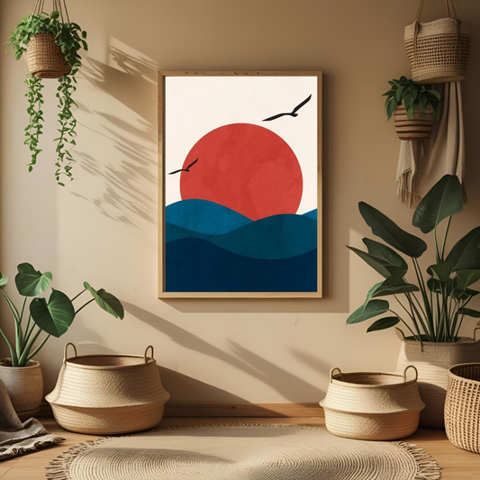 Boho Ocean Sunrise Wall Art with Frame – Minimalist Seascape Decor for Home & Office