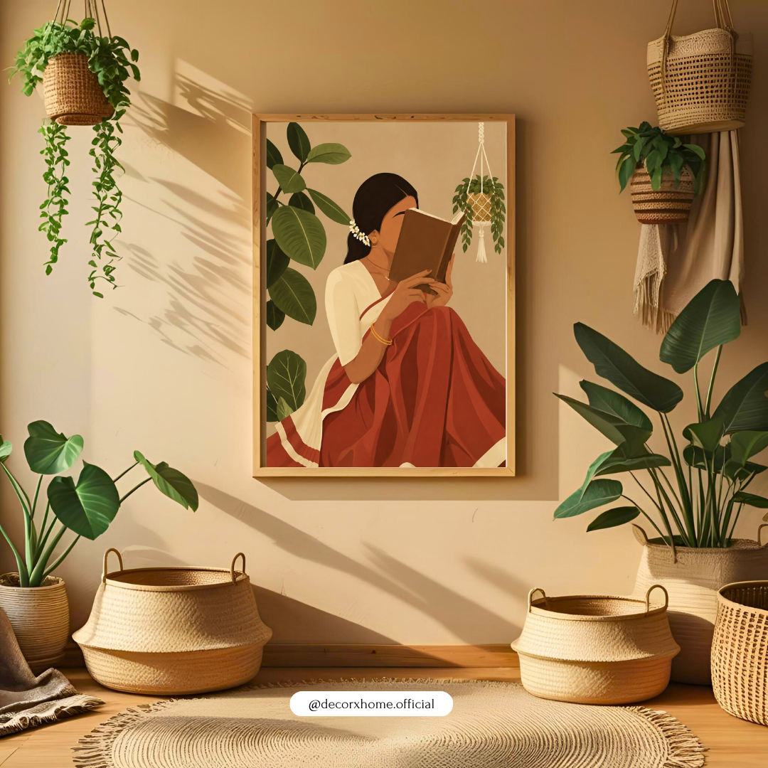 Serene Reader in Saree – Cozy Indian Aesthetic Wall Art Poster | DecorxHome