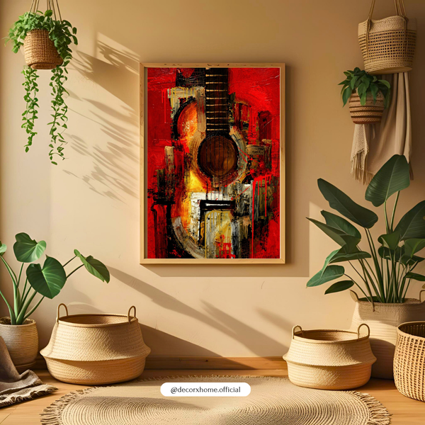 Abstract Guitar Wall Art Poster – Modern Music Inspired Canvas | Bold Red Artistic Guitar Painting for Living Room, Studio & Office Decor | Decorxhome