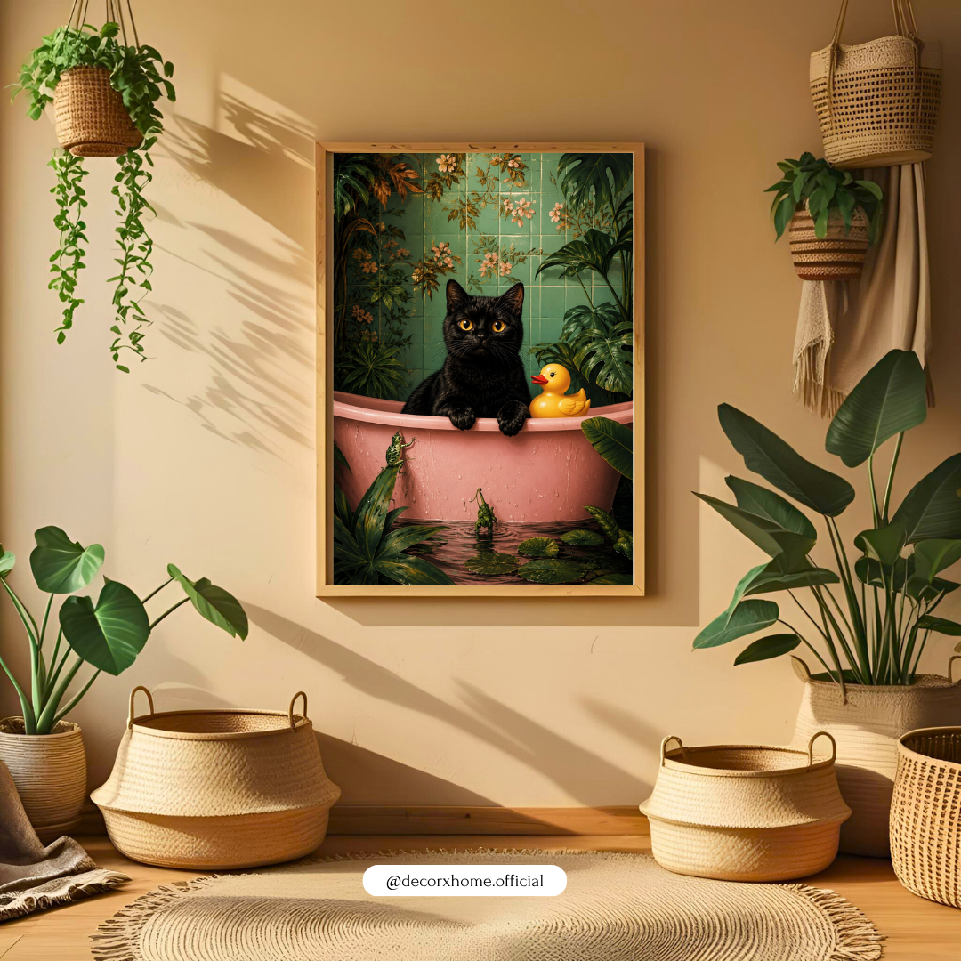 Whimsical Black Cat Bath Wall Art Poster | Cute Botanical Cat Artwork | Aesthetic Animal Print | Decorexhome