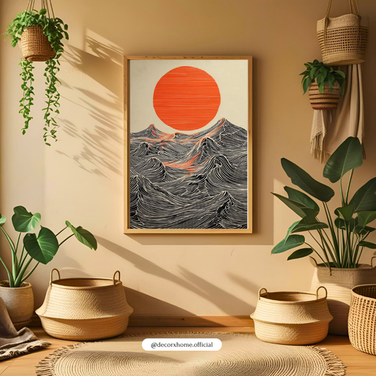 Japanese Red Sun & Ocean Waves Poster – Minimalist Japanese Landscape Wall Art | Decorxhome