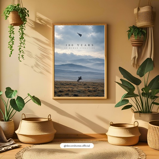 100 Years of Human Evolution Wall Art Poster | Minimalist Mountain Landscape & Lone Rider – Decorxhome