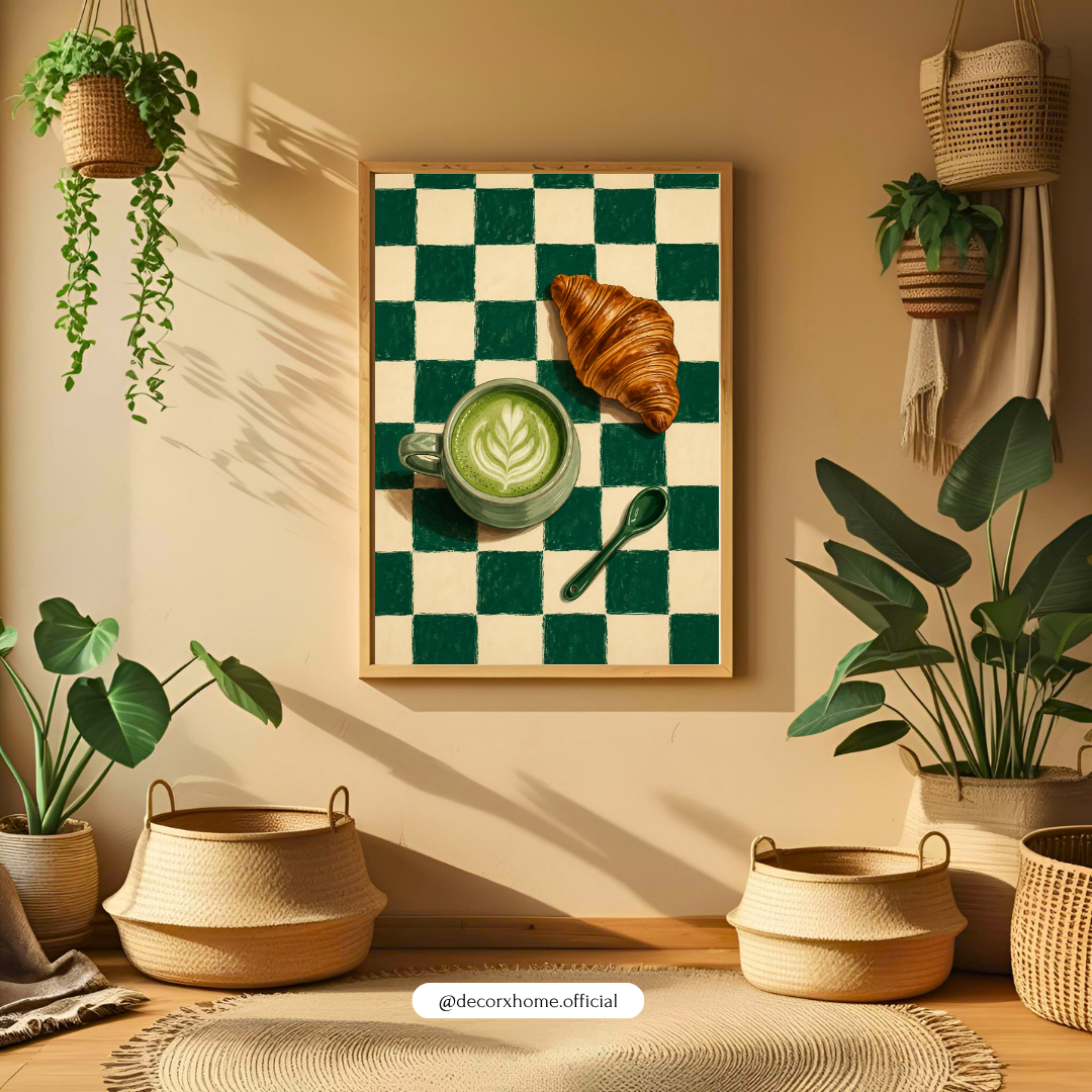 Green Checkerboard Matcha & Croissant Wall Art