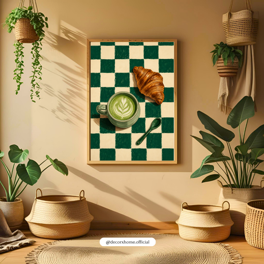 Green Checkerboard Matcha & Croissant Wall Art