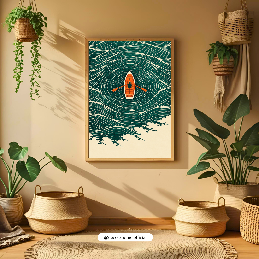 Minimalist Rowing Boat Ocean Wall Art | Blue Wave Poster & Framed Artwork