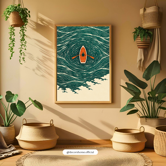 Minimalist Rowing Boat Ocean Wall Art | Blue Wave Poster & Framed Artwork