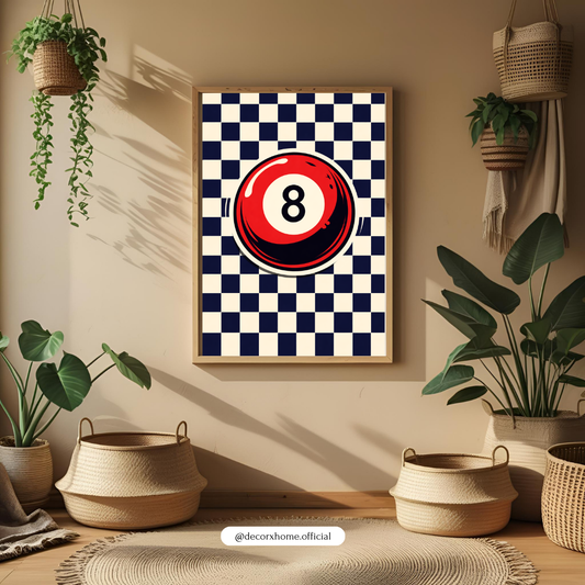 Retro 8 Ball Checkered Wall Art Poster – Vintage Billiards Aesthetic | Decorxhome