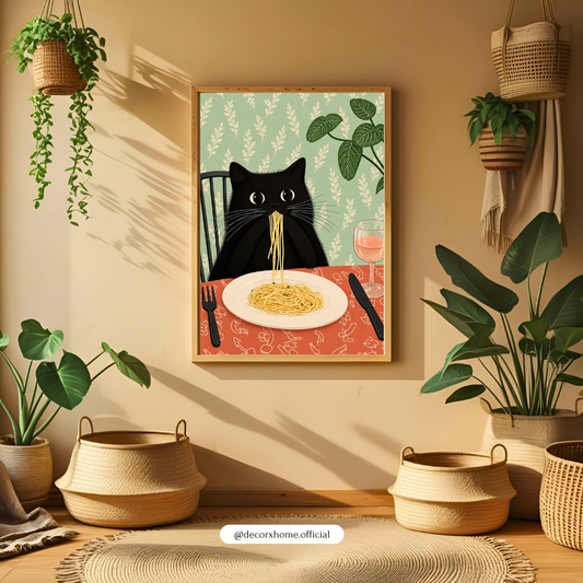 Decorexhome Funny Black Cat Eating Spaghetti Poster | Quirky Cat Wall Art