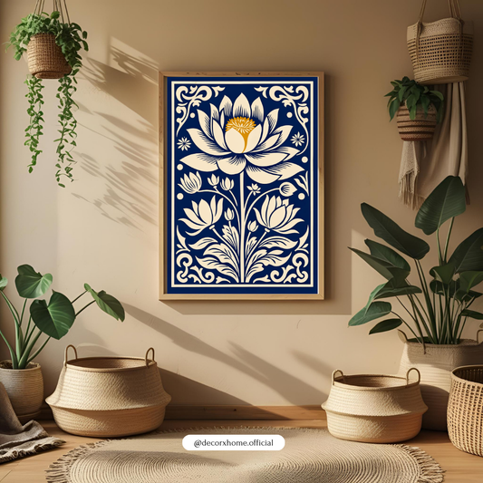 Royal Lotus Floral Wall Art Poster – Blue Vintage Botanical Design | Decorxhome