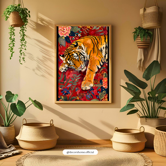 Floral Tiger Wall Art | Majestic Tiger & Botanical Poster | Colorful Wildlife Artwork | Boho Nature Wall Décor | Decorxhome