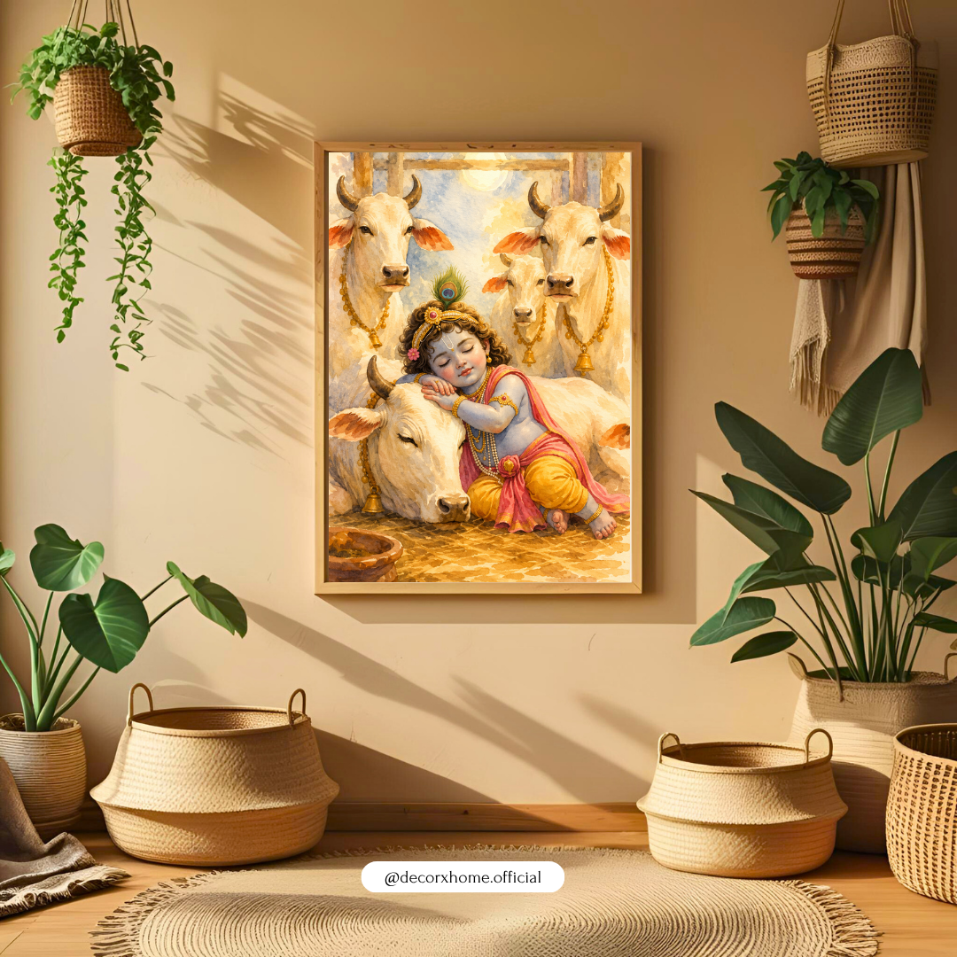 Decorxhome – Baby Krishna with Cows Spiritual Wall Art Poster