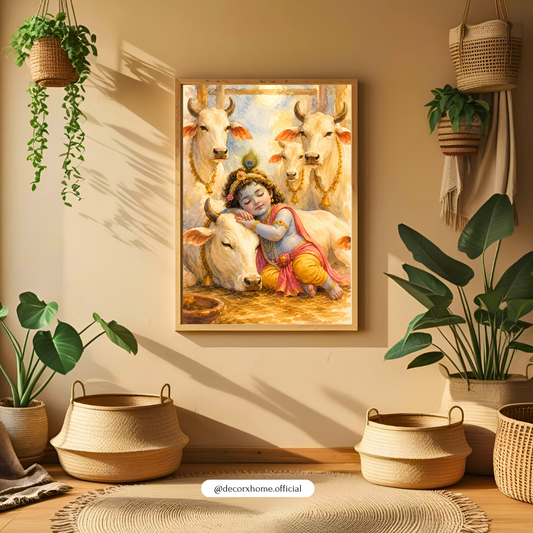 Decorxhome – Baby Krishna with Cows Spiritual Wall Art Poster