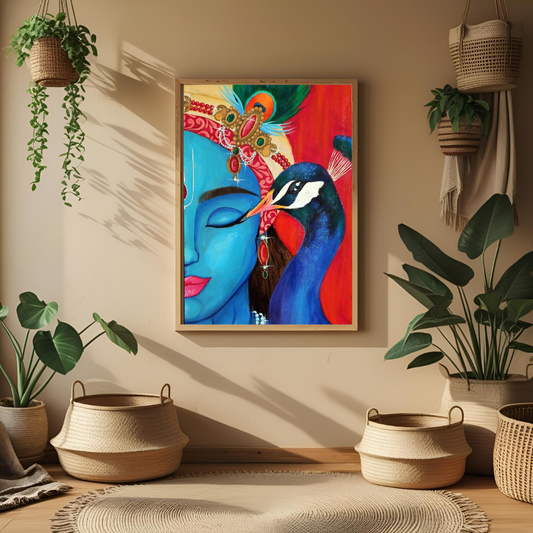 Divine Grace – Krishna with Peacock Wall Poster ✨🦚