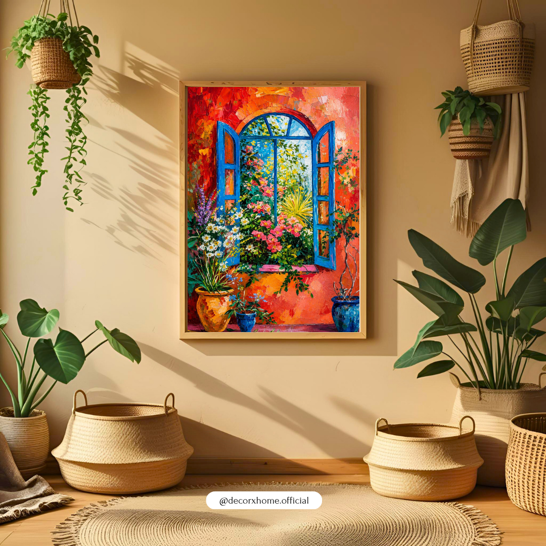 Mediterranean Bloom Window Wall Art Poster | Vibrant Floral Window Painting Print