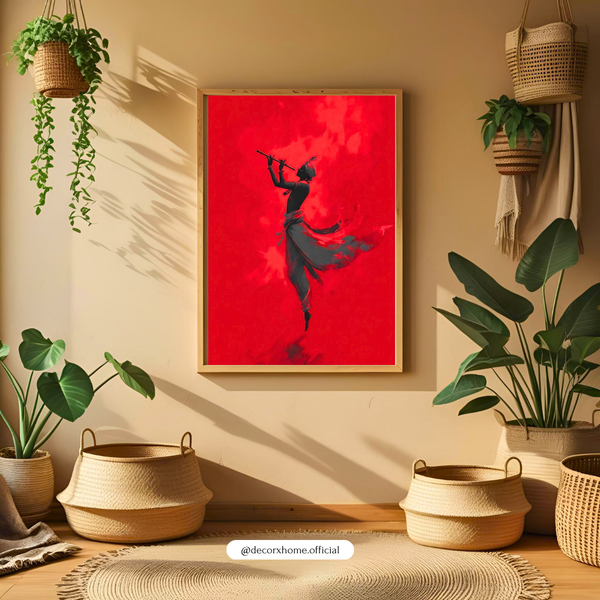 Crimson Flute Lord Krishna Wall Art | Indian Classical Silhouette Poster | Bold Red Artistic Decor | Decorxhome