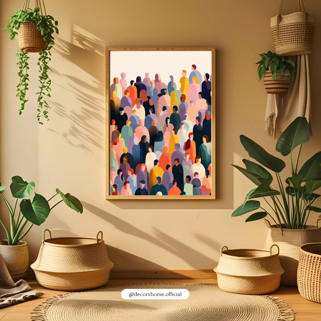 Human Connection Abstract Wall Art – Colorful Crowd Illustration Poster