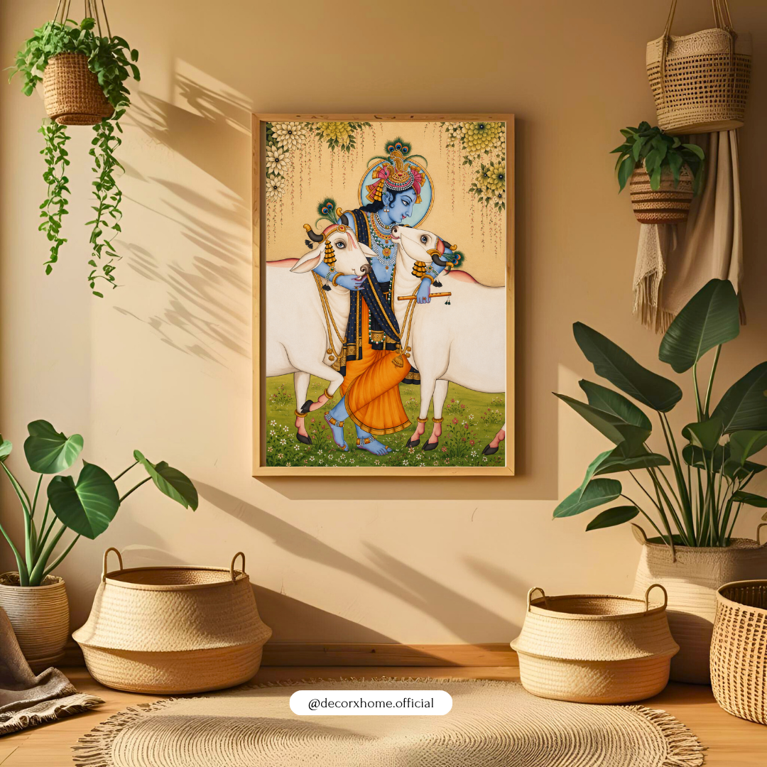 Lord Krishna with Cows Wall Art Poster | Traditional Indian Spiritual Artwork | Divine Hindu Aesthetic Print | Decorexhome