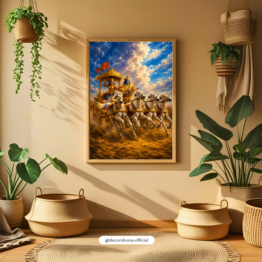 DecorexHome Krishna & Arjuna Mahabharata Poster | Divine Chariot Wall Art | Spiritual Hindu Mythology Artwork | Epic Battle Scene Print