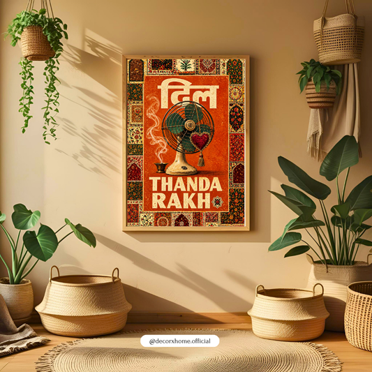 Thand Rakho Poster | Desi Summer Vintage Wall Art | Indian Retro Fan Artwork | Funny Hindi Wall Décor | Quirky Home Décor | Decorexhome