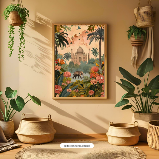 Taj Mahal Botanical Paradise Wall Art – Vintage India Landscape Poster with Elephant | Decorxhome