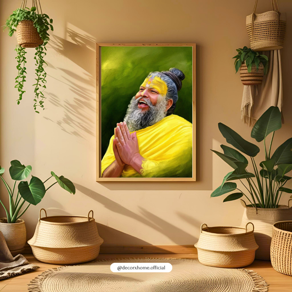 Joyful Spiritual Guru Wall Art – Devotional Sage Portrait in Yellow Robes | Meditation & Positive Energy Poster for Home & Temple | Decorxhome