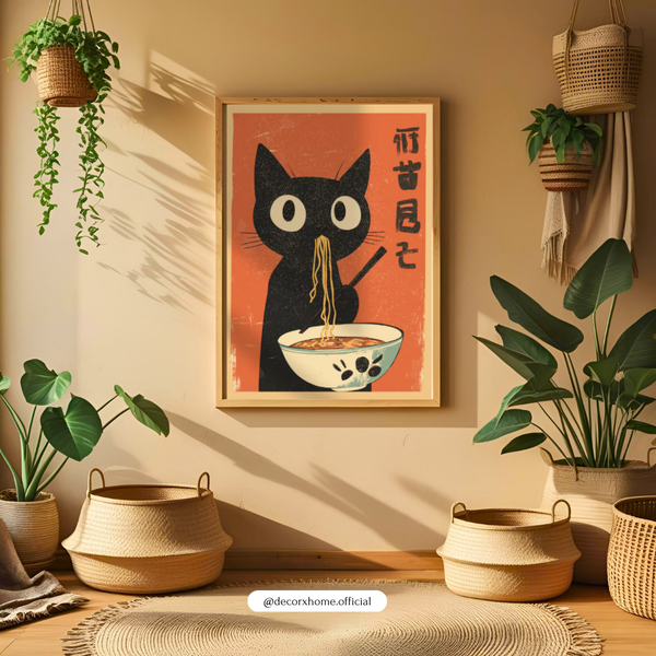 Cute Japanese Ramen Cat Poster | Minimalist Anime Cat Wall Art | Decorxhome
