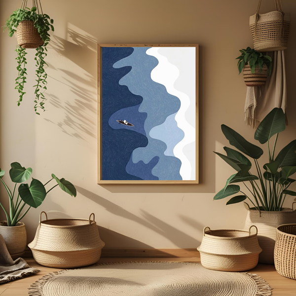 Minimalist Boat in Ocean Layers – Boho Framed Wall Art Print for Living Room, Bedroom & Office Decor